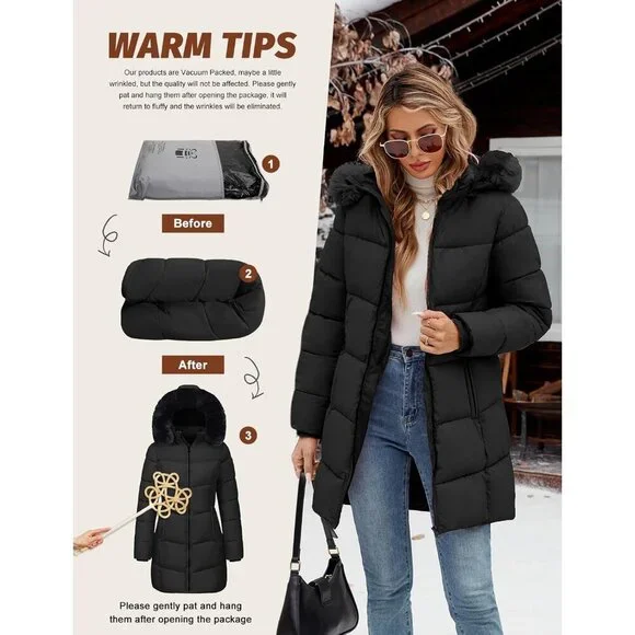 Women's Winter Warm Puffer Coat Thicken Parka Jacket with Removable Fur Hood, Wa